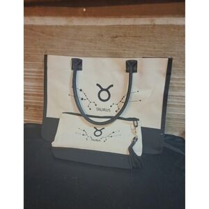 Taurus Zodiac Tote Bag With Matching Pouch Black White Constellation Purse Set